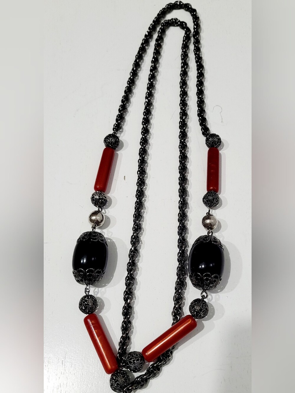 Red Black Long Statement Necklace Gunmetal Filigree Beaded Costume Jewelry